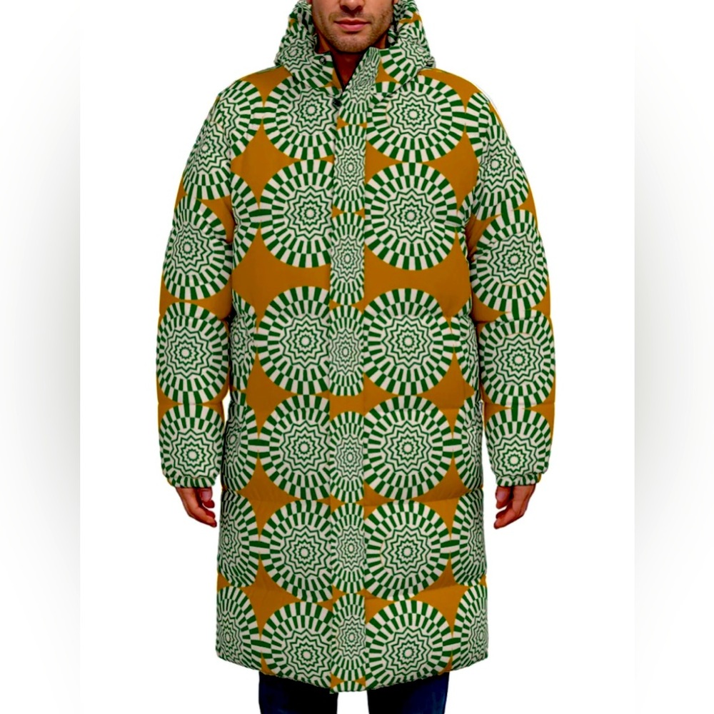 Long Puffer Bubble Coat w/ Pattern Print Detail